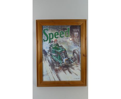 A Pine Framed Reproduction Print, Speed, The British Racing Drivers Club, 70cm high 
