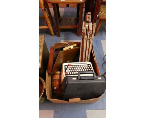 A Vintage Portable Manual Typewriter, Set of Oils and Winsor and Newton Artist Easel, Bagatelle Game, Spirit Barrel Etc 