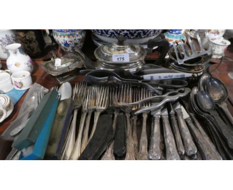 A Tray of Silver Plate to Include Kings Pattern Cutlery, Three Piece Tea service, Toast Rack Etc