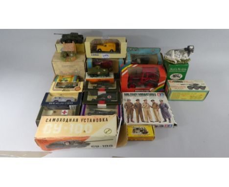 A Collection of Mixed Vehicles to Include Military Vans, Tanks, Miniature, Boxed Dinky Toys, 827 Panhard FL10, Britians Volvo
