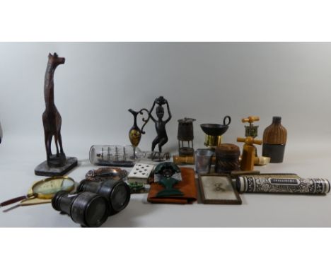 A Tray of Curios to Include Binoculars, Magnifying Glass, Corkscrews, Ship in a Bottle, African Figure, Hip Flask etc