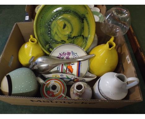 A Box of Ceramics to Include 2 Wenlock Pottery Jugs and large Wenlock Green Dish, Poole Plate, Teapot, Mug, Decorated Plates