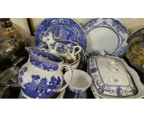 A Tray of Blue and White China to Include Copeland Spode Italian Plates, Lidded Tureen, Bowls, Cow Creamer etc