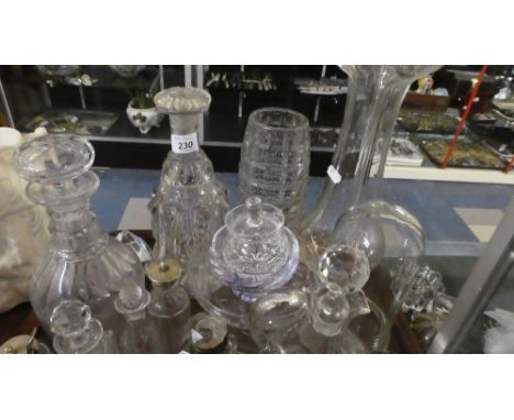 A Tray of Glassware to Include Two Decanter, Vases, Paperweights and Glass Dome etc