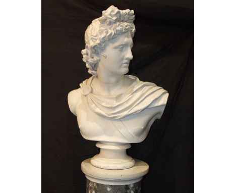 A large D Brucciani painted plaster bust 'Apollo Belvedere' after the antique, on marble, wood and scagliola column plinth, s