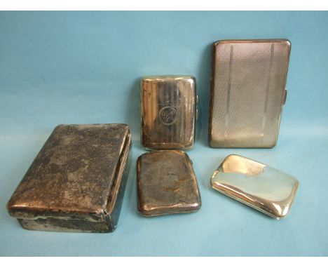 A silver engine-turned cigarette case, 12.5 x 8.5cm, Birmingham 1946, monogrammed, three other silver cigarette cases and a s