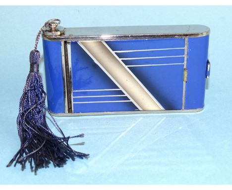 An Art Deco chrome plate and blue enamel combination compact/cigarette case/lipstick in the form of a folding camera, 96mm lo