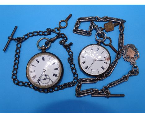 A silver-cased open-face pocket watch, (enamel dial chipped), with floral-engraved case, Birmingham 1882, 4.2cm, on silver fa