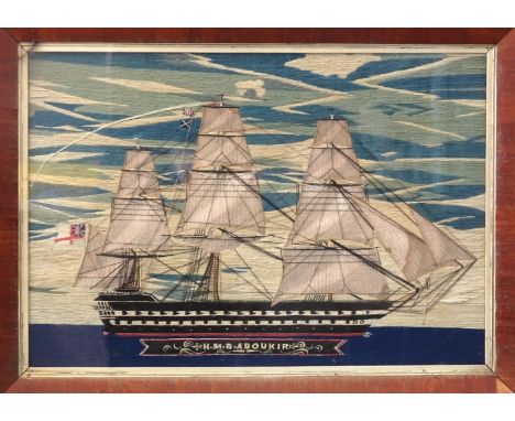 A 19th century wool-work picture of a three-masted 74-gun third-rate ship of the line, "HMS ABOUKIR", details include gun por