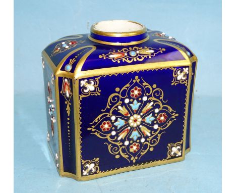 A Sèvres tea caddy with enamelled and jewelled decoration, on a blue ground, 7.5cm high, (no lid). 