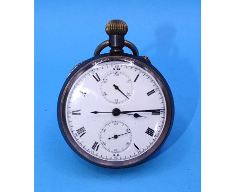 A gun-metal-cased chronograph keyless pocket watch, the white enamel dial with Roman numerals, centre seconds and twin subsid