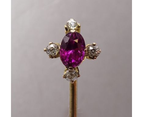 A ruby and diamond stick pin set oval-cut ruby and four old brilliant-cut diamonds, in unmarked mount, (tests as 18-22ct gold