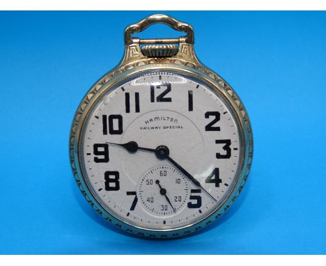 A Hamilton 'Railway Special' 10k gold-filled pocket watch, Cal 992B, 21 jewel, Adj. Temp and six positions lever movement no.