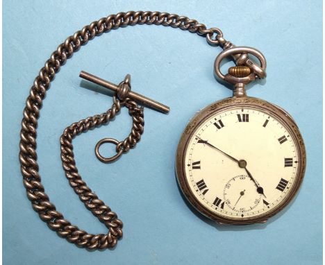 A Continental silver-cased open-face keyless pocket watch, the white enamel dial with Roman numerals and seconds subsidiary, 