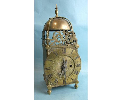 A late-19th/early-20th century brass lantern clock with single fusée movement, 37cm high. 