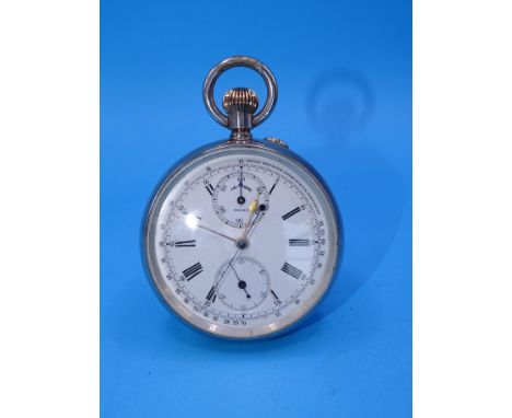 An early-20th century Swiss silver-cased keyless chronograph, the white enamel dial with Roman numerals, twin subsidiary dial