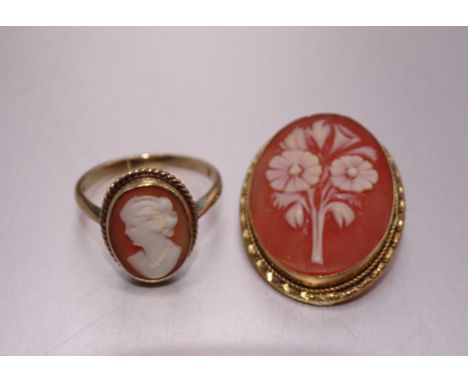 A 9ct-gold-mounted cameo ring, size M½ and a 9ct-gold-mounted cameo brooch, total weight 8.1g, (2). 