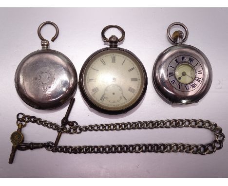 Three silver-cased pocket watches, (all a/f) and a watch chain, (4). 