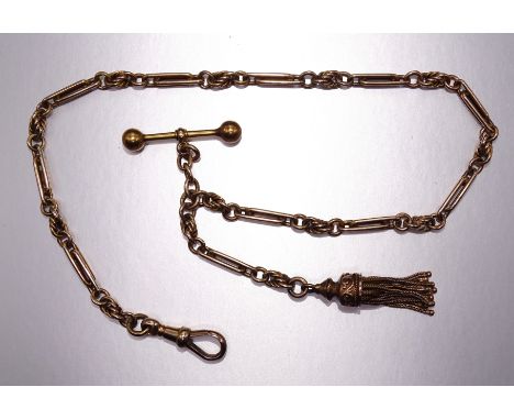 A 15ct gold fancy-link Albertina watch chain with unmarked tassel, length shackle to T-bar 32.5cm, 26g. 