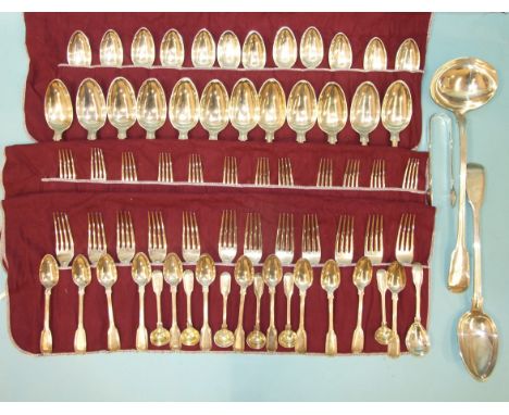 A canteen of William IV silver fiddle and thread flatware, maker William Eaton, London 1836, comprising: twelve each table fo