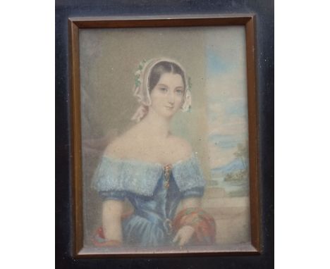 A Victorian rectangular portrait miniature of a young woman in a blue dress and bonnet with a shawl over her left wrist, stan