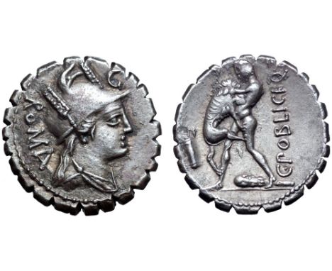 C. Poblicius Q. f. AR Serrate Denarius. Rome, 80 BC. Draped bust of Roma right, helmet decorated with corn ears and control m