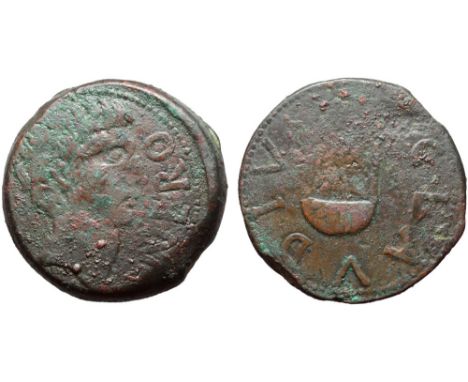 Tiberius Ӕ Sestertius of Gades, Spain. Circa AD 16. NERO, bare head right / TI CLAVDIVS, simpulum. RPC 89. 45.54g, 37mm, 7h. 