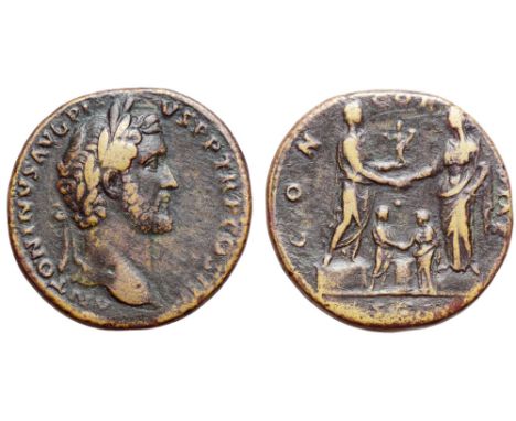 Antoninus Pius Æ Sestertius. Rome, AD 140-144. ANTONINVS AVG PIVS P P TR P COS III, laureate head right / CONCORDIAE, Pius st