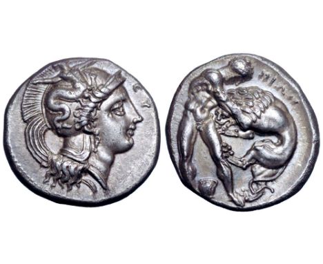 Lucania, Herakleia AR Stater. Circa 330 BC. Head of Athena right, wearing single-pendant earring, necklace, and crested Attic