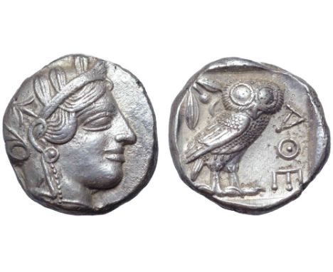 Attica, Athens AR Tetradrachm. Circa 454-404 BC. Head of Athena right, wearing earring, necklace, and crested Attic helmet de