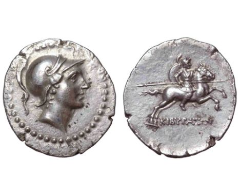 Phrygia, Kibyra AR Drachm. Circa 166-84 BC. Young male head right, wearing crested helmet / Helmeted and cuirassed horseman g