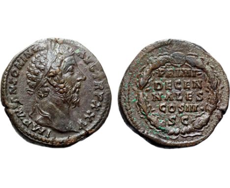 Marcus Aurelius Æ Sestertius. Rome, AD 171. IMP M ANTONINVS AVG TR P XXV, laureate head right / PRIMI DECEN-NALES COS III S C