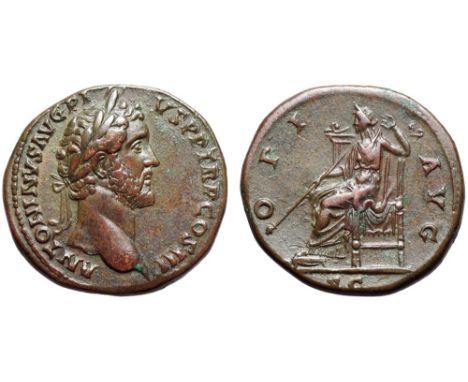 Antoninus Pius Æ Sestertius. Rome, AD 140-144. ANTONINVS AVG PIVS P P TR P COS III, laureate head right / OPI AVG, Ops seated