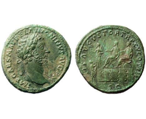 Marcus Aurelius Æ Sestertius. Rome, March-December AD 161. IMP CAES M AVREL ANTONINVS AVG P M, laureate bust right with drape