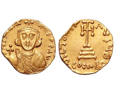 Justinian II AV Solidus. First reign, Constantinople, AD 687-692. D IVSTINIANVS PE AV, bust facing, with short beard, wearing