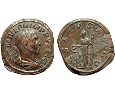 Philip I Æ Sestertius. Rome, AD 244-249. IMP M IVL PHILIPPVS AVG, laureate, draped and cuirassed bust right / SALVS AVGG, Sal