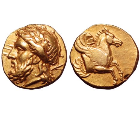 Mysia, Lampsakos AV Stater. Circa 350 BC. Laureate head of Zeus left, sceptre over right shoulder, tip showing behind his nec