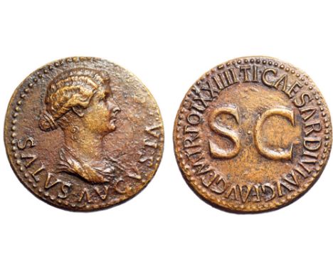 Livia Æ Dupondius. Rome, circa 21-22 AD. SALVS AVGVSTA, draped bust of Livia as Salus right, hair in knot behind / TI CAESAR 