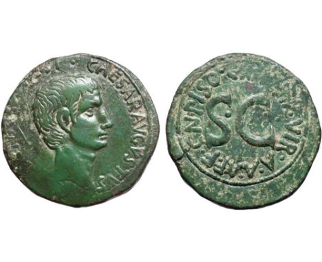 Augustus Æ As. Rome, 15 BC. Cn. Piso Cn. F, moneyer. CAESAR•AVGVSTVS TRIBVNIC•POTEST•, bare head right / CN•PISO•CN•F•IIIVIR•