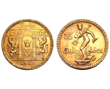 Poland. Danzig (Gdansk). Free City AV 25 Gulden. 1923. Coat of arms between two columns, supported by lions; 1923 below / Nep
