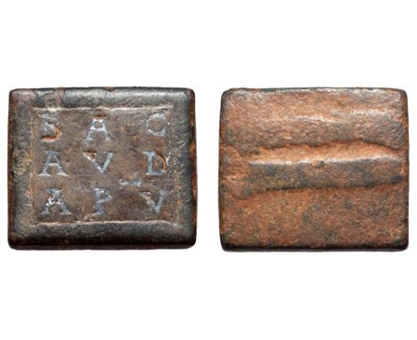 Rectangular Æ Solidus Weight (?) or Dedicatory Plaquette. Circa AD 507-511. Silver inlay legend: BAC AVD APV in three lines. 
