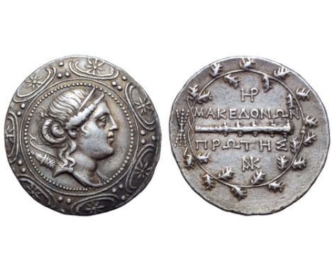 Macedon under Roman Rule, First Meris AR Tetradrachm. Amphipolis, 167-149 BC. Diademed and draped bust of Artemis right, bow 