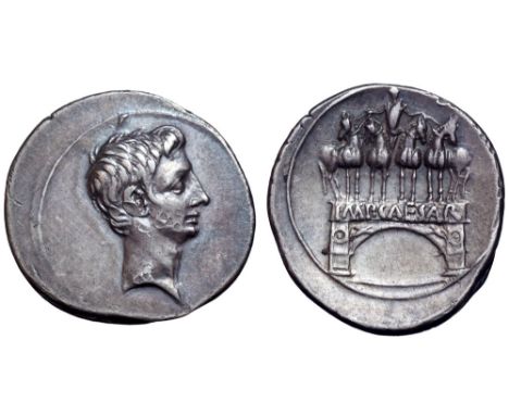 Octavian AR Denarius. Rome, 29-27 BC. Bare head of Octavian right / IMP CAESAR, on architrave of arch surmounted by facing qu