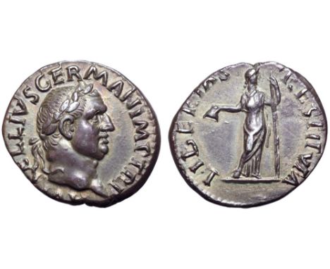 Vitellius AR Denarius. Rome, AD 69. A VITELLIVS GERMAN IMP AVG TR P, laureate head right / LIBERTAS RESTITVTA, Libertas stand