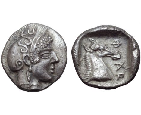 Thessaly, Pharsalos AR Hemidrachm. 480-440 BC.Head of Athena right in crested Attic helmet ornamented with three coiled serpe