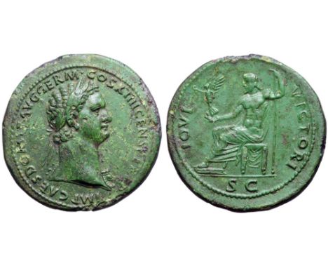 Domitian Ӕ Sestertius. Rome, AD 88-89. IMP CAES DOMIT AVG GERM COS XIIII CENS PER P P, laureate head right, with aegis on far