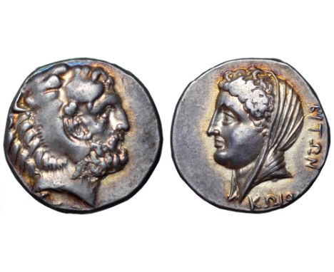 Islands off Karia, Kos AR Didrachm. Biton, magistrate, circa 345-340 BC. Head of Herakles right, wearing lion skin headdress 