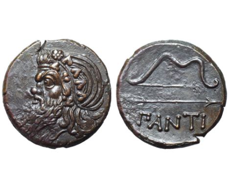 Cimmerian Bosporos, Pantikapaion Æ26. Circa 340-325 BC. Wreathed head of Pan left / Bow and arrow, ΠANTI below. MacDonald 59;