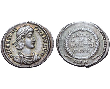 Constantius II AR Siliqua. Sirmium, AD 351-355. D N CONSTANTIVS P F AVG, pearl-diademed, draped and cuirassed bust right / VO