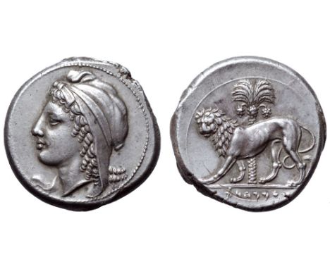 Sicily, uncertain Punic military mint AR Tetradrachm. Circa 320-310 BC. Head of 'Dido-Tanit' to left, wearing Phrygian cap en